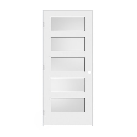 Codel Doors 24"x80"x1-3/8" Primed 5-Panel Equal Panel w/White Lami Glass Interior Shaker 4-9/16" RH Prehung Door 2068pri8405GLRH26D4916